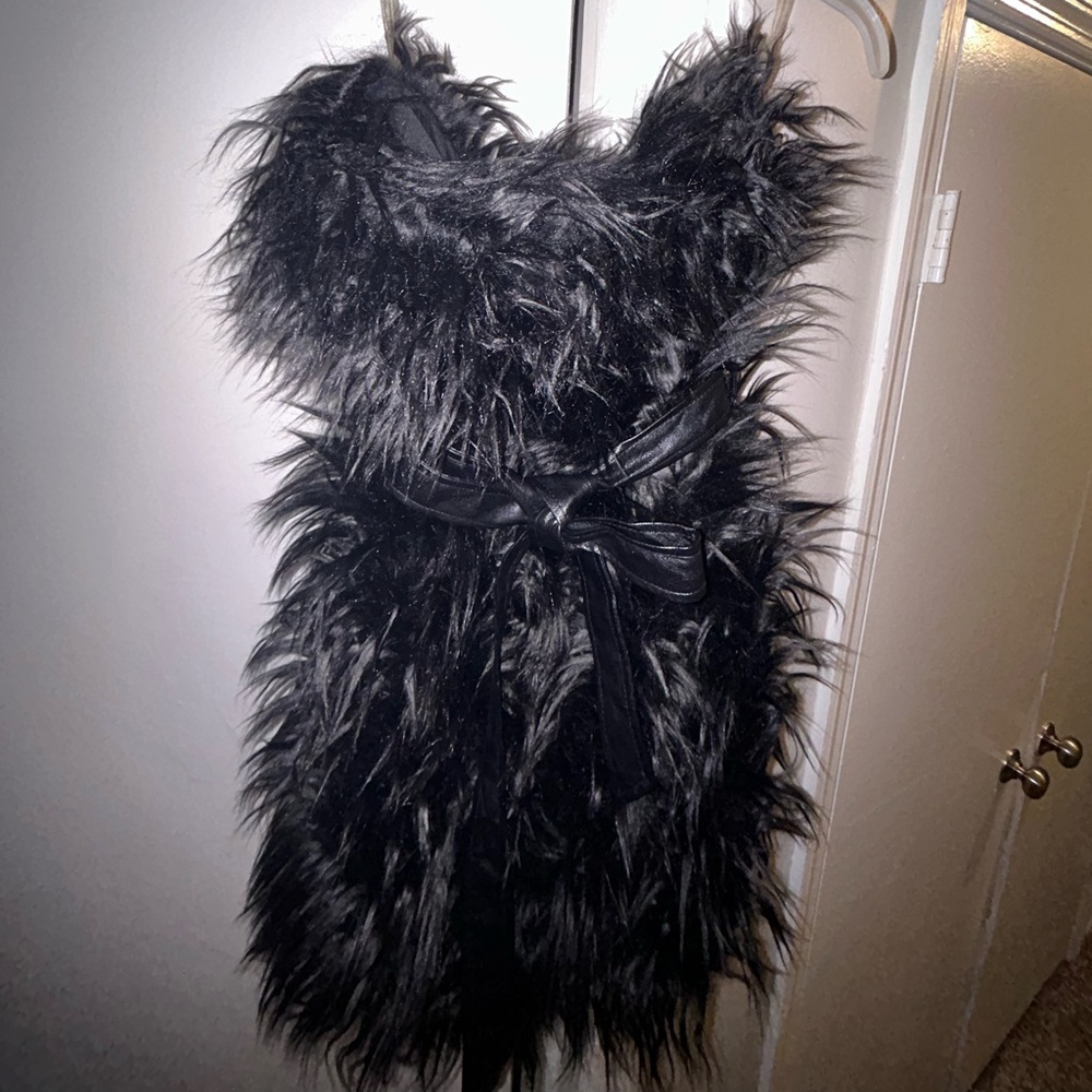 Black Furry Short Dress with Leather Belt